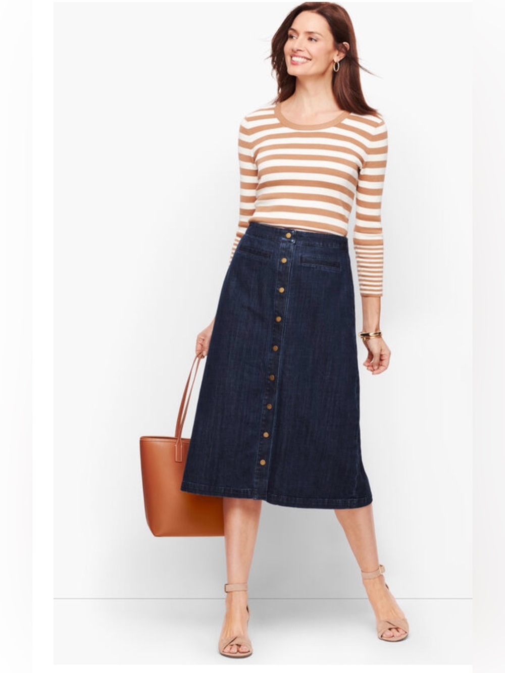Talbots Button Front Dark Wash Denim Skirt A Line Midi Size 14